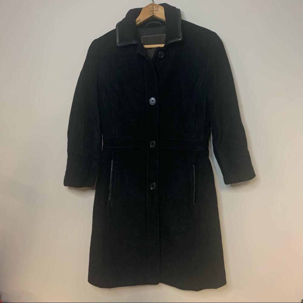 Coach Black Wool & Mohair Leather Trim Long Coat Jacket